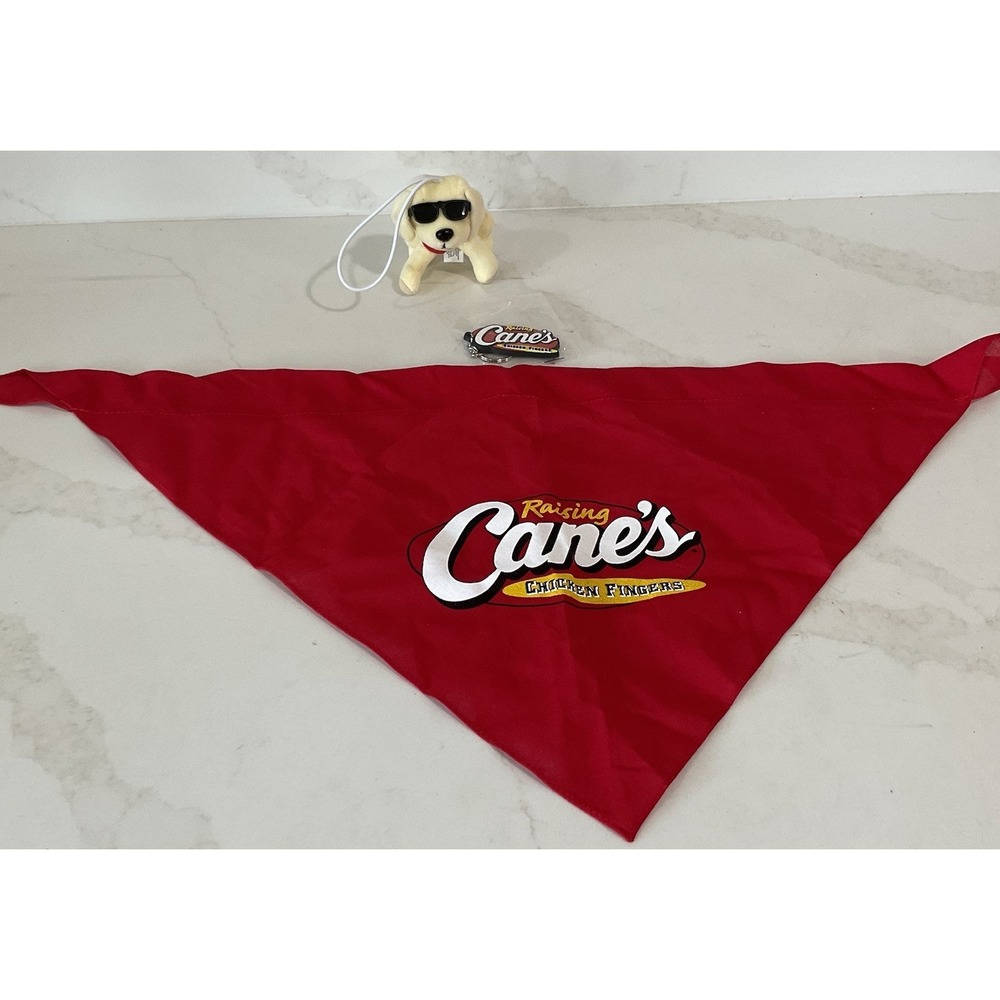 Raising Canes Plush Dog Backpack, Keychain Or Ornament & Pet Bandana